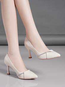 2025秋冬季时尚优雅水钻装饰尖头高跟鞋，优雅高贵 - 米色 - 查看 2