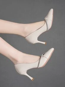 2025秋冬季时尚优雅水钻装饰尖头高跟鞋，优雅高贵 - 米色 - 查看 4