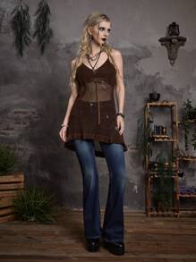 ROMWE 素色荷葉邊鏤空毛衣洋裝 - 咖啡棕 - 查看 3