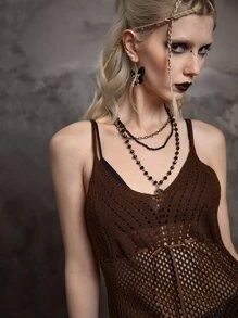 ROMWE 素色荷葉邊鏤空毛衣洋裝 - 咖啡棕 - 查看 6