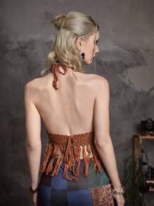 ROMWE 鏤空流蘇下擺後背繫帶吊脖針織上衣