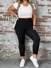 SHEIN LUNE Plus Button Detail Leggings - Black - View 4