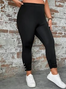 SHEIN LUNE Plus Button Detail Leggings - Black - View 5