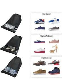 5入組便攜黑色抽繩鞋灰塵透明鞋包適用於旅行 - 黑色 - 查看 5