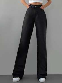 RueChic High Waist Straight Leg Jeans - Black - View 2