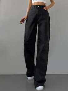 RueChic High Waist Straight Leg Jeans - Black - View 1