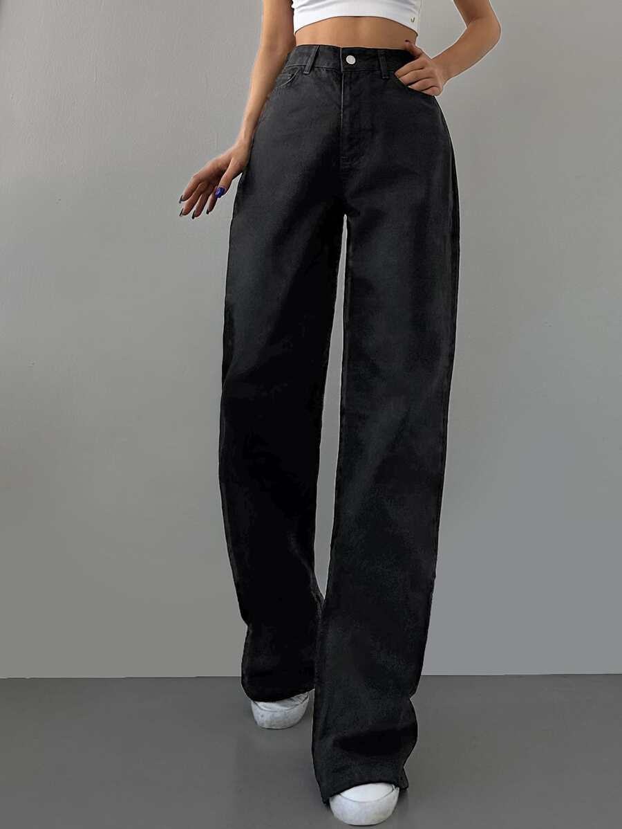 RueChic High Waist Straight Leg Jeans - Black - View 1