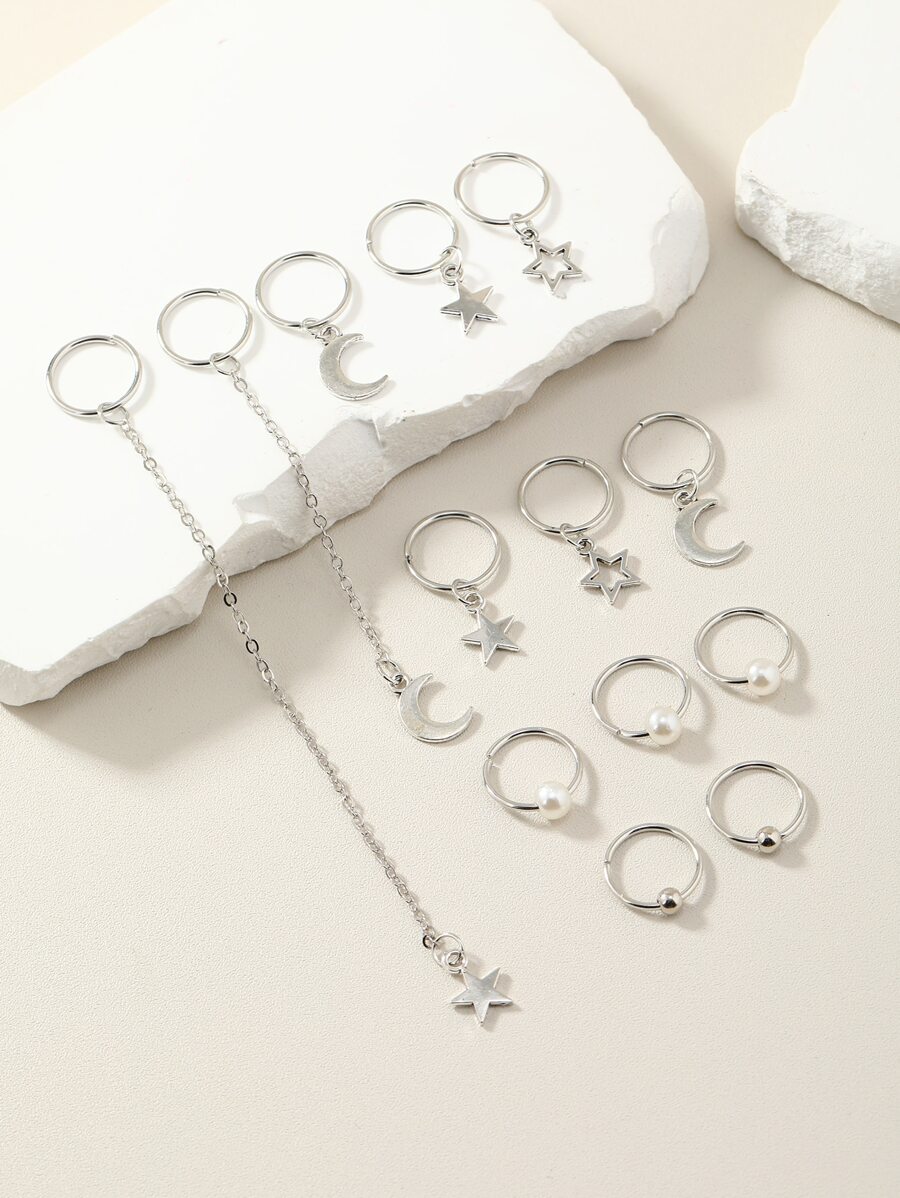 Vòng tóc thời trang 13 chiếc Moon & Star Charm dành cho phụ nữ để trang trí tóc - Bạc - Xem 1