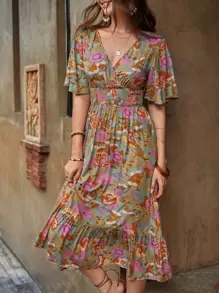 SHEIN Clasi 印花蝴蝶袖荷葉邊連衣裙