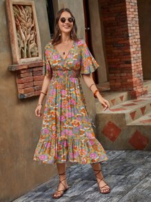 SHEIN Clasi 印花蝴蝶袖荷葉邊連衣裙