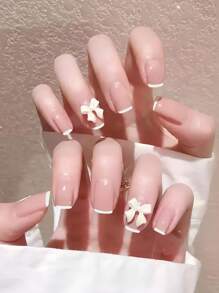 Elevate Your Style with 24pcs Short Square White French 3D Bow Decor Fake Nail & 1pc Nail File & 1sheet Nail Tape - Multicolor - View 1