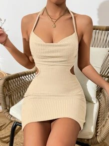 SHEIN Frenchy Đầm Lộ Lưng Cắt ra Vắt Buộc lại màu trơn Gợi cảm - Màu be - Xem 1