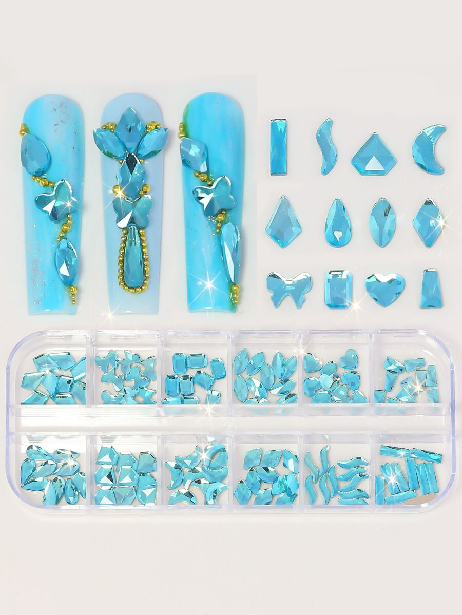 12 Lưới Đá Rhinestones Không Đối Xứng Màu Xanh Hồ Trang Trí Móng Tay - Màu xanh bụi bặm - Xem 1