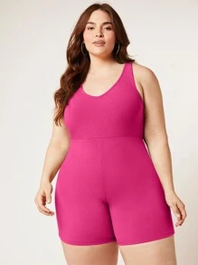 SHEIN BASICS Hơn Chất rắn Quần áo nịt Romper - Màu Hồng Tươi - Xem 1