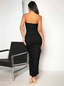 SHEIN BAE Solid Ruched Tube Bodycon Dress - Black - View 2