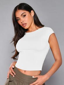 SHEIN BAE Solid Cap Sleeve Crop Tee - White - View 1
