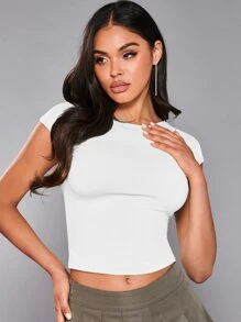 SHEIN BAE Solid Cap Sleeve Crop Tee - White - View 3