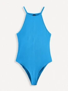 SHEIN BASICS Solid Halter Neck Ribbed Knit Bodysuit - Blue - View 3