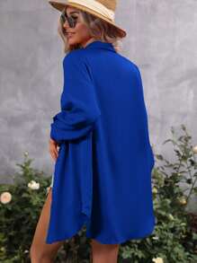 SHEIN LUNE 素色落肩袖前紐扣襯衫 - 寶藍色 - 查看 2