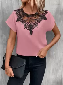 SHEIN LUNE Guipure Lace Panel Batwing Sleeve Blouse - Dusty Pink - View 1