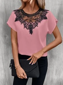 SHEIN LUNE Guipure Lace Panel Batwing Sleeve Blouse - Dusty Pink - View 4