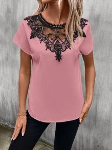 SHEIN LUNE Guipure Lace Panel Batwing Sleeve Blouse - Dusty Pink - View 5