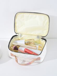 1 pieza Bolsa de maquillaje portátil acolchada blanca con bordado de viaje de gran capacidad, estilizada y simple, para mujeres y niñas, organizador de almacenamiento de maquillaje y estuche de maquillaje - Blanco - Ver 2