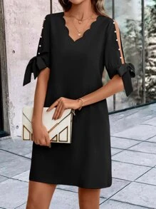 SHEIN Clasi 珍珠串珠貝殼邊打結袖口連衣裙