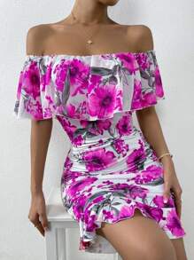 SHEIN VCAY 印花一字肩荷葉邊褶邊緊身連衣裙 - 彩色 - 查看 1