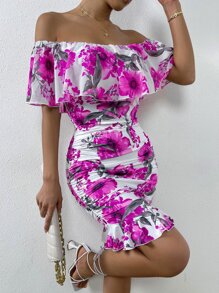 SHEIN VCAY 印花一字肩荷葉邊褶邊緊身連衣裙 - 彩色 - 查看 6