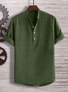 Manfinity Homme Camicia Da Uomo Con Mezza Bottoniera E Maniche Arrotolate