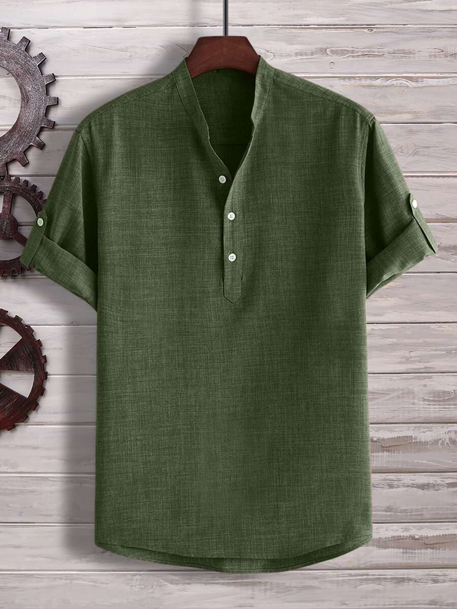 Manfinity Homme Camicia Da Uomo Con Mezza Bottoniera E Maniche Arrotolate