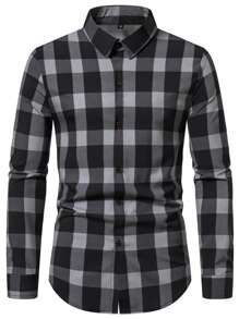 Manfinity Homme Camisa a cuadros para hombre con botones, manga larga, ajuste delgado, gráficos de vestir para el trabajo - Multicolor - Ver 2