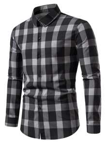 Manfinity Homme Camisa a cuadros para hombre con botones, manga larga, ajuste delgado, gráficos de vestir para el trabajo - Multicolor - Ver 4