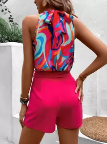 Breezaya Allover Print Keyhole Neckline Blouse & Belted Shorts - Hot Pink - View 2