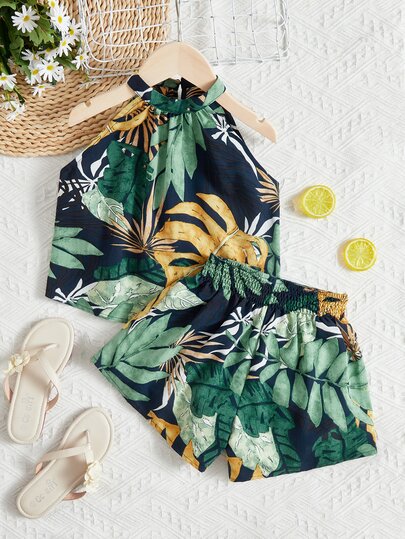 SHEIN 青少年女孩热带植物印花露背上衣和短裤两件套，适合度假