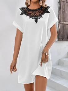 SHEIN Clasi Guipure Lace Insert Batwing Sleeve Tunic Dress - White - View 1