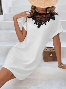 SHEIN Clasi Guipure Lace Insert Batwing Sleeve Tunic Dress - White - View 5