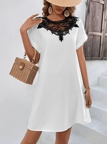 SHEIN Clasi Guipure Lace Insert Batwing Sleeve Tunic Dress - White - View 6