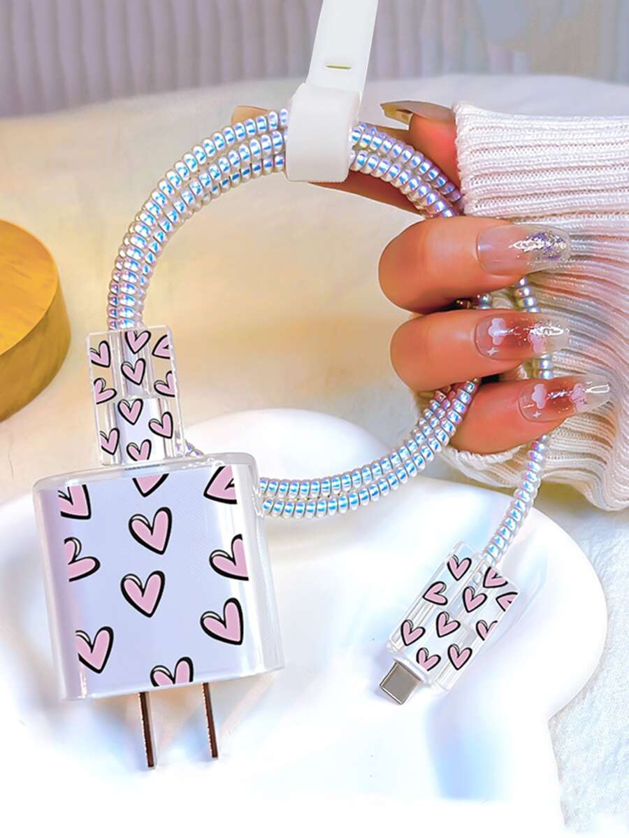 غطاء حماية كابل البيانات وغطاء رأس الشاحن نمط القلب 5 قطع