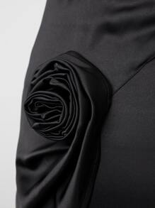 SHEIN BAE 3D Flower Lace Trim Bustier Satin Halter Top & Skirt - Black - View 8