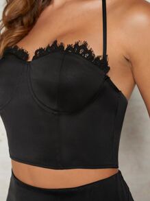 SHEIN BAE 3D Flower Lace Trim Bustier Satin Halter Top & Skirt - Black - View 3