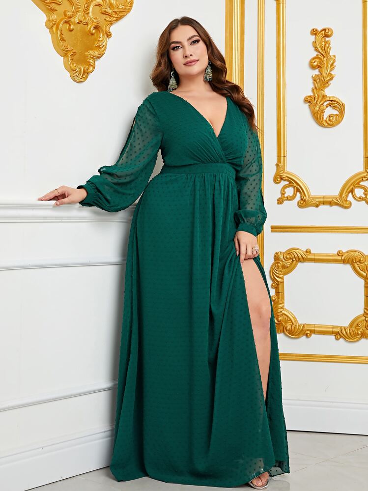 Vestido de lunares de muslo con abertura - Verde Oscuro - Ver 5