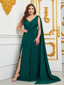 Plus Extra-Long Sleeve Split Thigh Chiffon Formal Dress - Dark Green - View 1