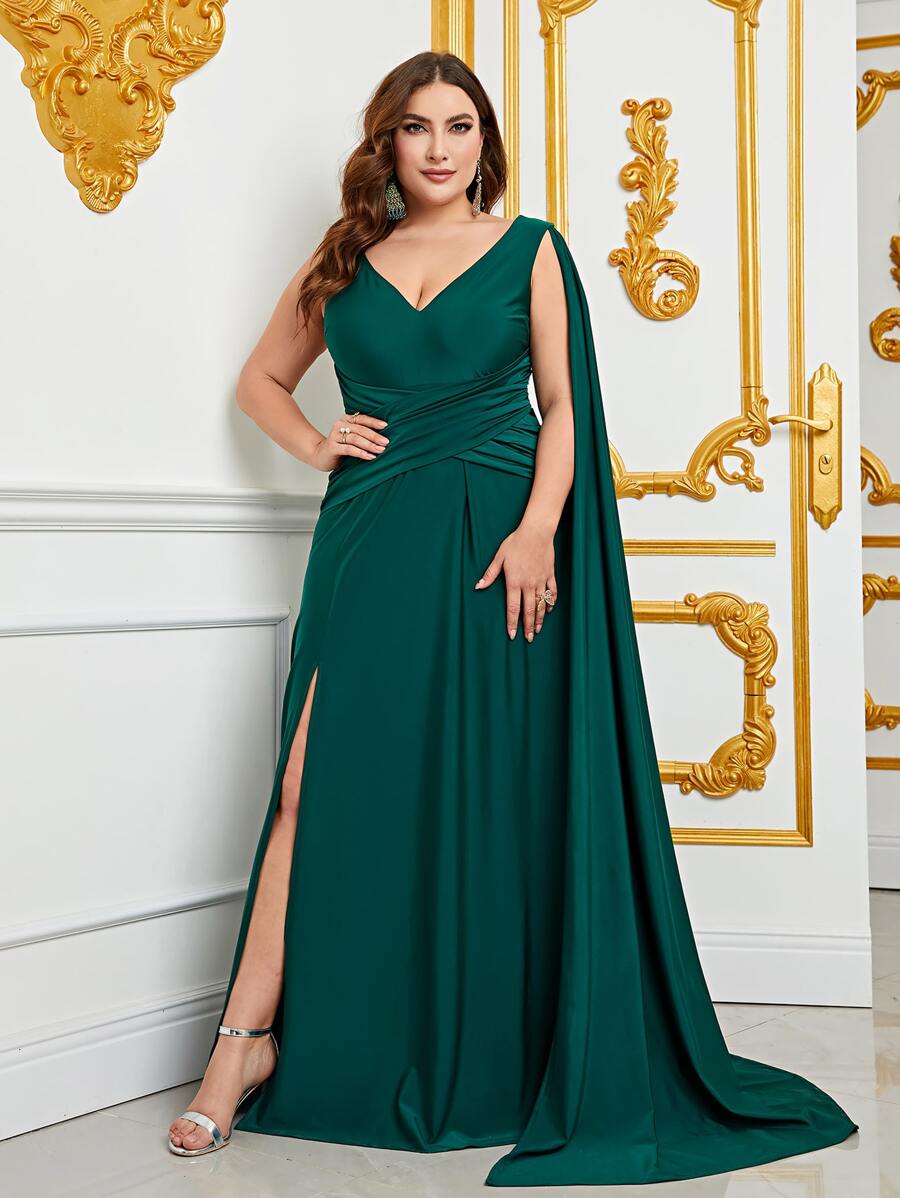 Plus Extra-Long Sleeve Split Thigh Chiffon Formal Dress - Dark Green - View 1