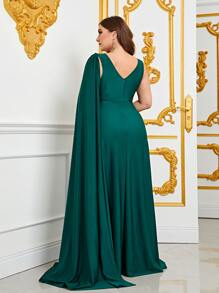 Plus Extra-Long Sleeve Split Thigh Chiffon Formal Dress - Dark Green - View 2