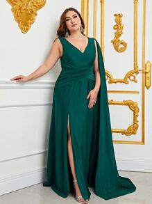 Plus Extra-Long Sleeve Split Thigh Chiffon Formal Dress - Dark Green - View 4
