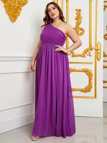 Plus One Shoulder Split Thigh Chiffon Dress - Purple - View 4