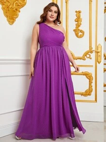 Plus One Shoulder Split Thigh Chiffon Dress - Purple - View 5