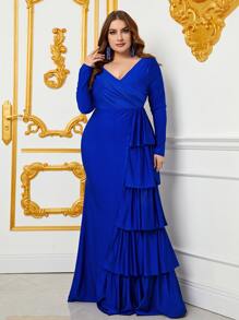 Plus Size Women's Cross V-Neck Draped Ruffle Hem Mermaid Formal Dress - Royal Blue - View 4